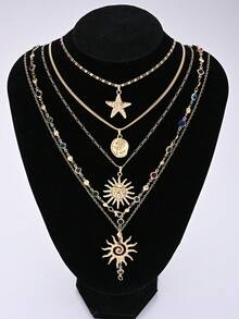 5件套时尚简约优雅波西米亚风彩色水晶太阳星星花朵硬币金色项链套装，Y型多层链，适合女性度假、派对、舞会、海滩、节日、生日、日常佩戴 - 金黃色 - 查看 2