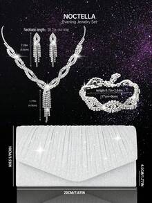 Noctella Women's Luxury Diamond Sparkling Jewelry Set - Shimmering Necklace, Earrings, Bracelet Set, Shiny Pleated Clutch, V-Flap Envelope Clutch, Elegant Clutch, Bridal Evening Bag, Metal Chain Handbag, Wedding Party Clutch, Cocktail Party Wedding New Wallet Clutch - Silver - View 3