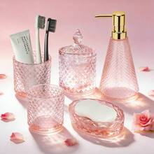 5-Piece Pink Glass Bathroom Accessories Set, Includes Triangle Soap/Lotion Dispenser, Soap Dish, Toothbrush Holder, Tumbler & Cotton Swab Jars,Modern Crystal Decor For Bathroom - Housewarming Gift - 粉色 - 查看 12