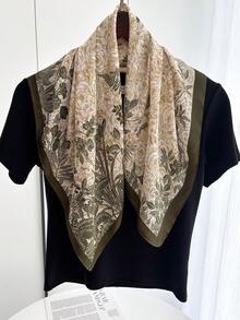 1件装方形围巾 女士缎面印花头巾 头带 时尚女士发巾 披肩 围巾 女士领巾 头巾 - 黑米色 - 查看 3