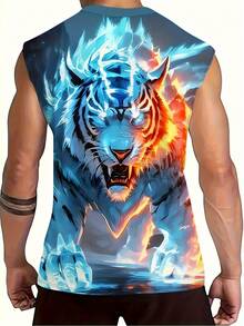 加大码男士3D冰火虎无袖背心，奇幻动物印花肌肉衫 - 米色 - 查看 4