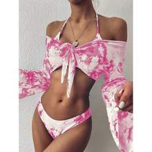 2026 European And American Tie-Dye Women's Two-Piece Swimsuit, Sexy Long-Sleeved Three-Piece Leopard Print Bikini - Hồng - Xem 1