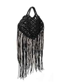 Handmade Woven Tassel Beach Vacation Bag - Black - View 3