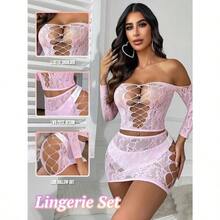 Womens Lingerie Set Fishnet BabyDoll Bodysuit Sexy Nightwear - 淺粉紅色 - 查看 2