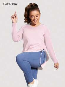 Plus Size Women's Long Sleeve Hooded Top, Solid Pink, Side Ruched, Side Slit, Loose Fit, Soft, Yoga Casual Sports - Baby Pink - View 5