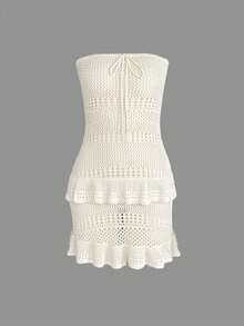 女士夏季法式性感镂空透视抹胸腰部荷叶边下摆设计无袖露脐上衣迷你连衣裙 - 杏色 - 查看 5