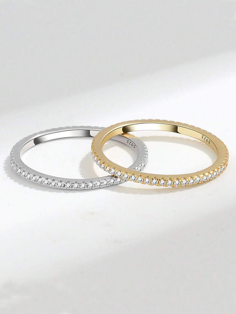 1 chiếc nhẫn cưới bằng bạc Sterling S925 đính đá Cubic Zirconia cho nữ, trang sức cưới cao cấp. - Bạc - Xem 1
