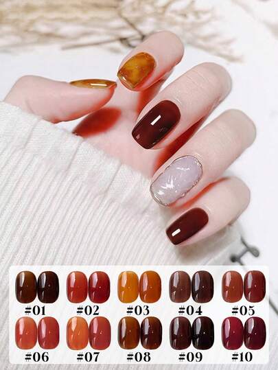 15毫升容量，2025春夏秋冬新年新款女士礼盒套装，半透明琥珀色、干裂棕色、咖啡焦糖南瓜色美拉德凝胶指甲油，适合全年美甲，搭配底油和面油需UV固化，植物基凝胶套装适合新手在家、办公室、通勤和约会，沙龙级效果，持久28天。
