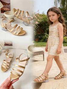 时尚金属色女童高跟凉鞋 | 透明粗跟，适合特殊场合 - 金色 - 查看 3