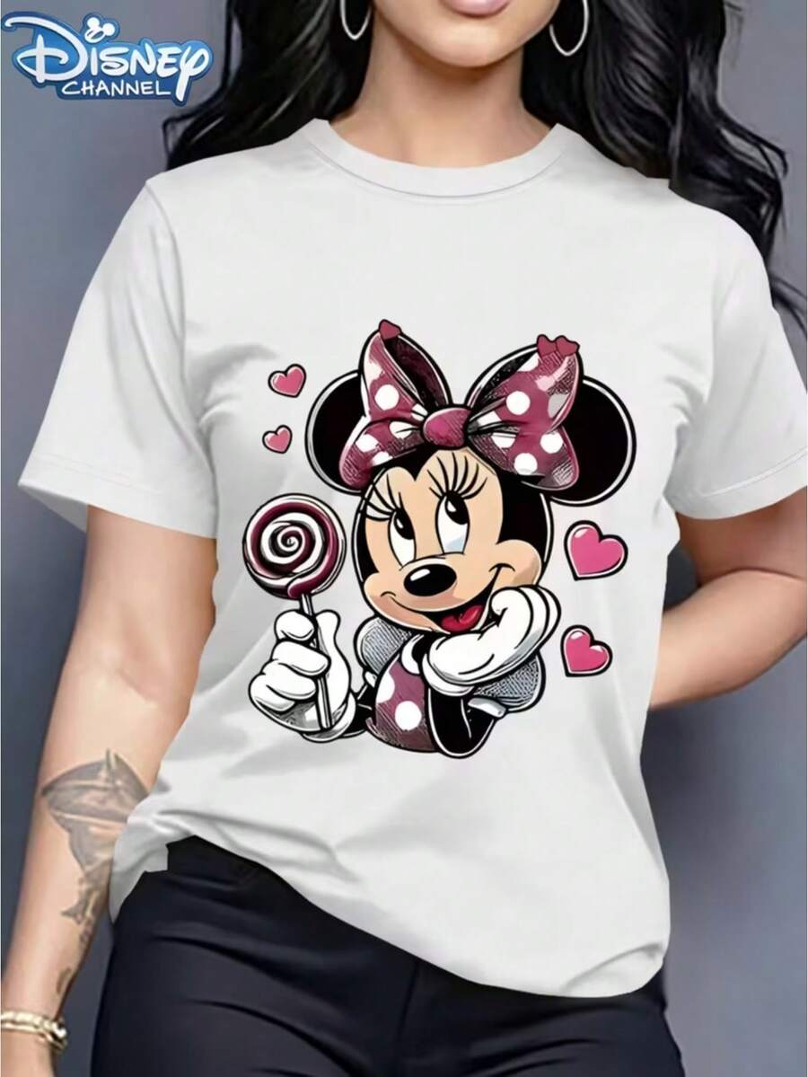 Disney Minnie Mouse Lollipop Short Sleeve T-Shirt For Women, MultipleColors Available, High-Definition Print With Heart Accents, Official Sweetand Cute Style - 白色 - 查看 1