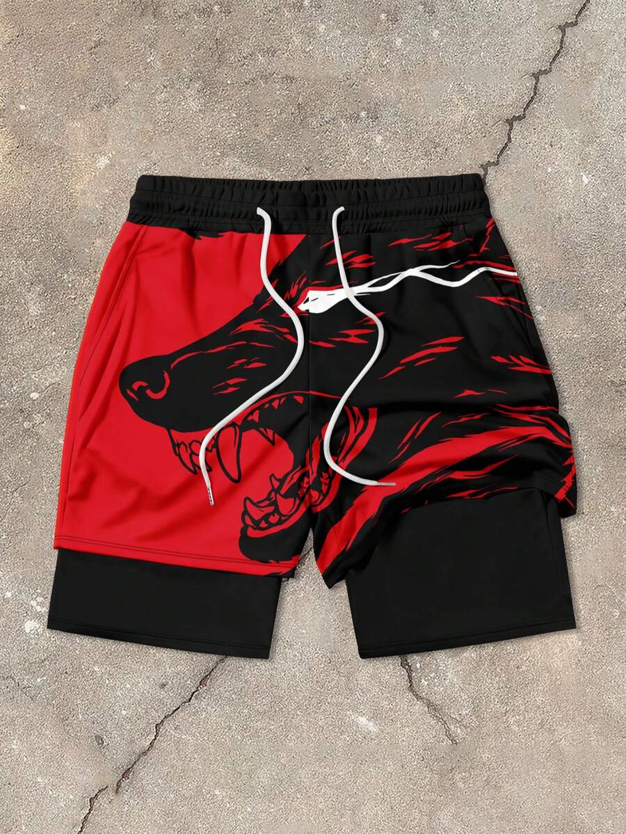 男士狼纹抽绳腰双层短裤 夏季 - 彩色 - 查看 1