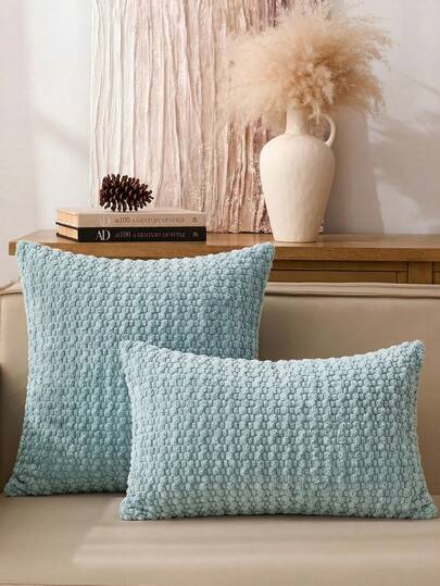 1件波西米亚条纹枕套，浅蓝色（不含枕芯），柔软灯芯绒纯色装饰方形枕套，适合度假、沙发、卧室、床等各种场合，四季皆宜。