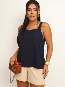 Elegant Viscose Wide Strap Tank Top - 藏蓝色 - 查看 7