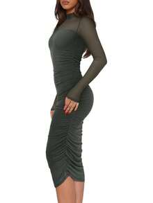 2026 Women's Summer Mesh Sheer Short Sleeve Mock Neck Ruched Bodycon Midi Elegant Evening Party Cocktail Dress - Thyme Green - View 3