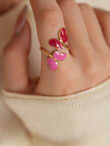 1 pieza Anillo de mariposa calado esmaltado versátil y de moda - Dorado - Ver 9