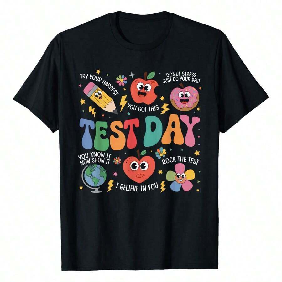 Test Day Rock The Test Testing Day Motivational Teacher Kids T-Shirt Women's Plus Size T Shirt - 黑色 - 查看 1
