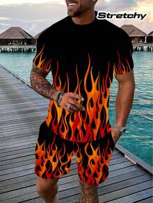 Ensemble deux-pièces pour hommes d'été : - Chemise à motif de flamme et manches courtes, plus shorts avec poches et cordon de serrage à la taille - Col rond décontracté, tissu extensible, adapté aux températures chaudes, vêtements pour la zone de la piscine. | Vêtements mode pour hommes | Shorts avec attache-câbles - Couleurs mélangées - Voir 1