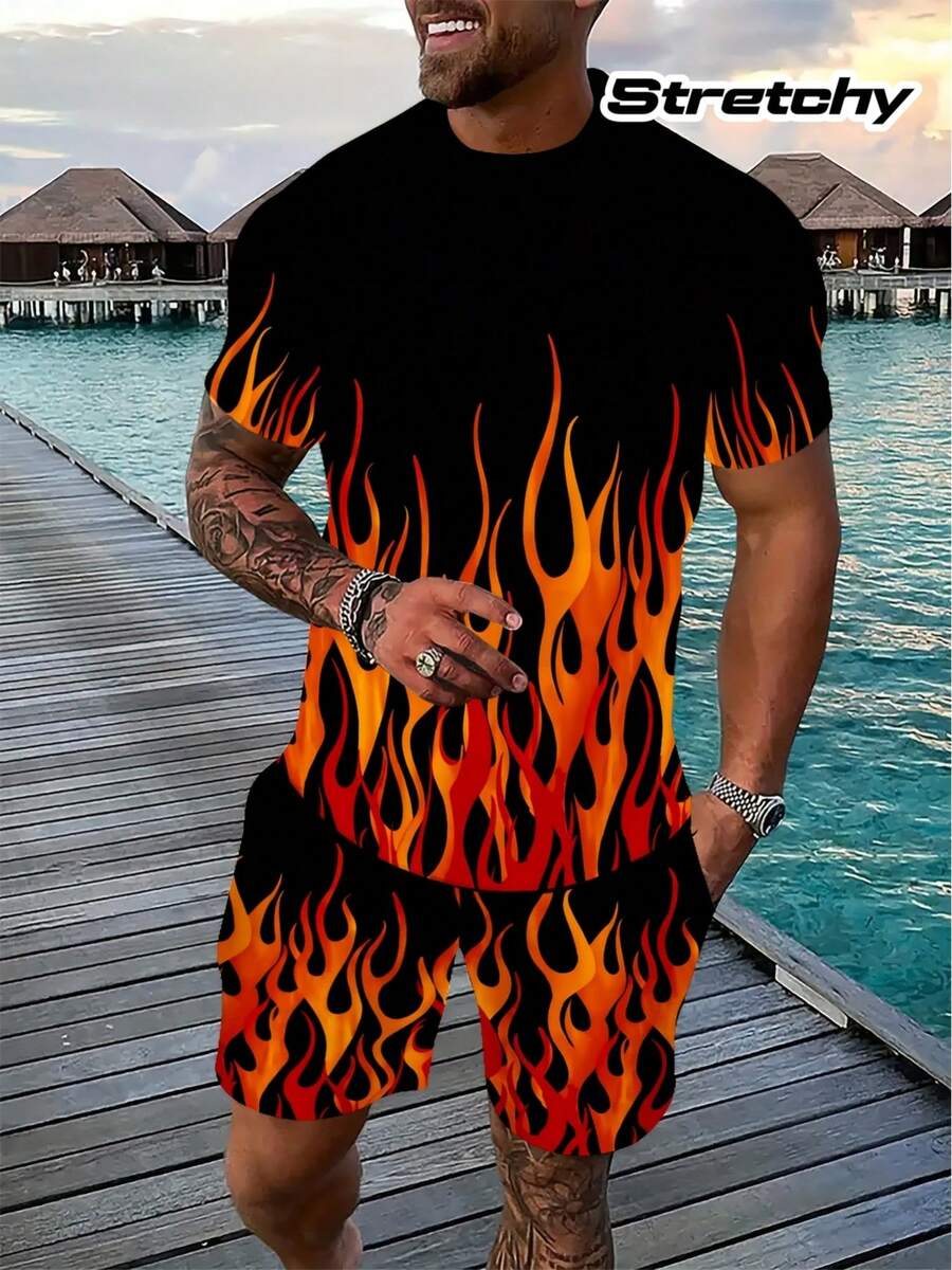 Ensemble deux-pièces pour hommes d'été : - Chemise à motif de flamme et manches courtes, plus shorts avec poches et cordon de serrage à la taille - Col rond décontracté, tissu extensible, adapté aux températures chaudes, vêtements pour la zone de la piscine. | Vêtements mode pour hommes | Shorts avec attache-câbles - Couleurs mélangées - Voir 1