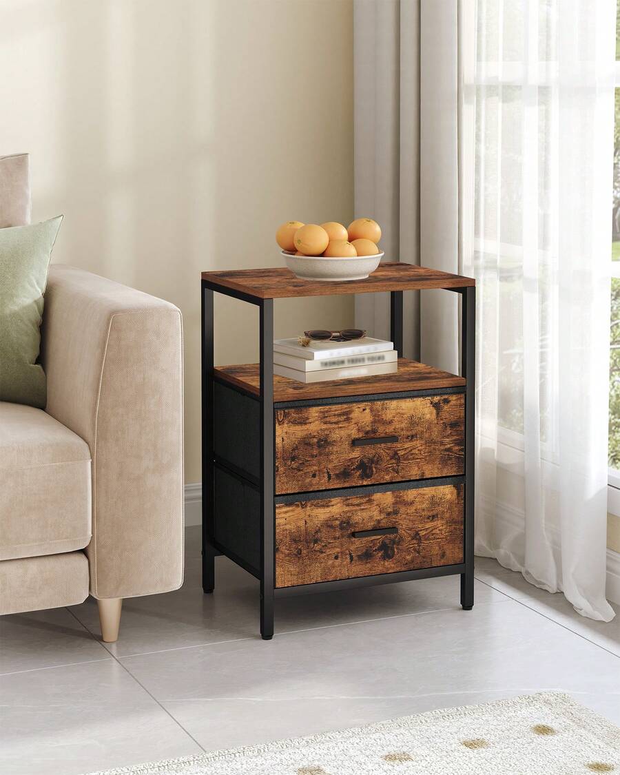 HEXCELEN Bedside Table, Side End Table With 2 Fabric Storage Drawers, Bedside Cabinet With Open Storage Shelf, Nightstand For Bedroom, Livingroom - Rust Brown - View 1