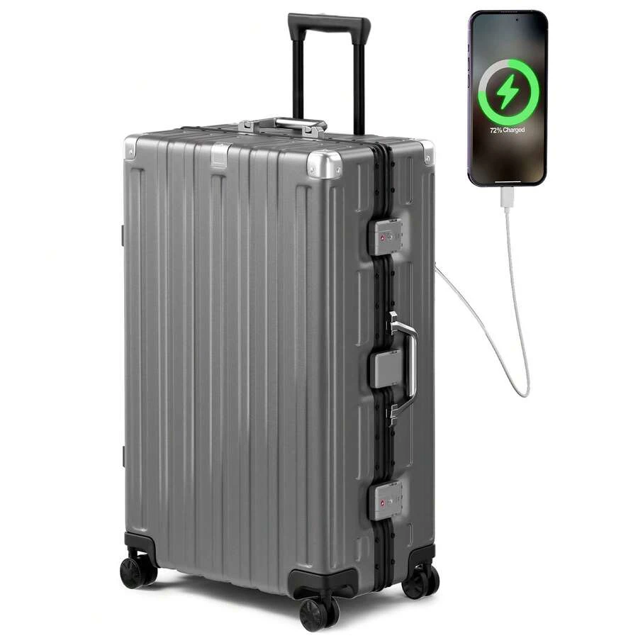 Luggage 28" Aluminum Frame Suitcase Or 2-Piece Suitcase Set (20"+28"), TSA Lock, Spinner Wheels, Travel Luggage For Vacation, Business Trips & Long Journeys,Pink,Black,Gray - 灰色 - 查看 1
