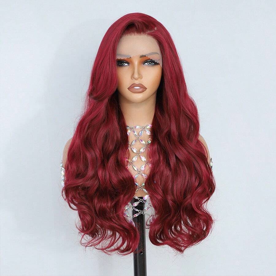 Peluca de encaje frontal burdeos de 13x6, cabello sintético resistente al calor para mujeres, adecuado para uso diario, fiestas y juegos de roles - Burdeos - Ver 1