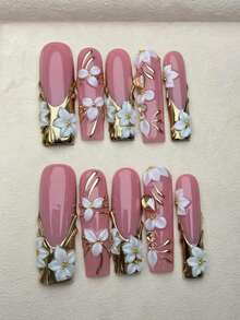 10pcs French Manicure Extra Long Luxury 3D Flower Rhinestone Square Press-On Nails, Suitable For Girls, Holidays, Weddings, Parties - Màu xanh bạc hà - Xem 8