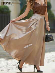 DONICY 女士米色长款百褶高腰半身裙，优雅飘逸 - 杏色 - 查看 8