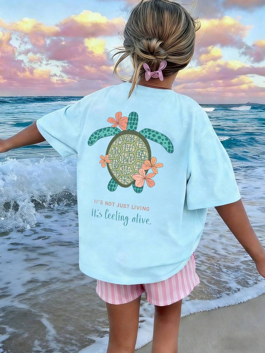 幼女夏季休閒海龜與花卉印花短袖圓領T恤,可愛海灘度假寬鬆日常穿著T恤上衣 - 淺藍色 - 查看 1
