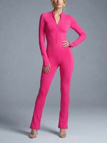 Bộ jumpsuit dài tay ôm sát, khóa kéo, phong cách cá tính, thời trang công sở DOUCIU, trang phục thường ngày năng động. - Màu Hồng Tươi - Xem 5