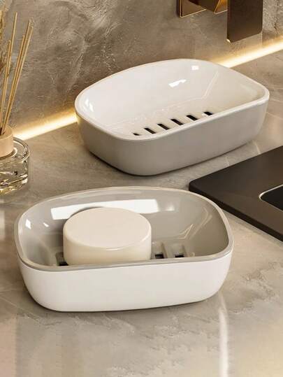 1pc Draining Soap Dish, Double-Layer Drainage, Automatic Draining, Easy To Clean And Dry. Suitable For Home Bathrooms And Kitchens. High-End Design. Bathroom Storage Container, Kitchen Sink Accessory. Modern Home Decoration. High-Quality Design. Easy-To-Clean Material. Automatic Drainage Dish. Hygienic Soap Holder. Essential Item For Bathrooms. Kitchen Accessory.