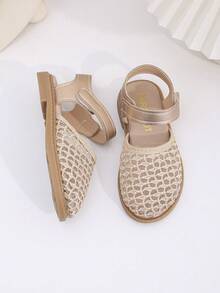 1双女童网面平底鞋，金色，露趾，圆头儿童平底鞋，儿童百搭休闲鞋，适合上学、公园、家庭郊游 - 玫瑰金 - 查看 5