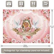 Painel de Bottom Personalizável, Tema da Minha Primeira Comunhão Batismo, Glitter Dourado, Rosas Rosas, Decoração de Cruz e Cálice Dourados, Adequado para Aniversário, Casamento, Chá de Bebê e Outras Decorações de Festa com Tema, Bottom de Fotografia - Multicolorido - Visão 4