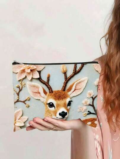Çiçek ve geyik desenli makyaj çantası, kadınlar için yaratıcı bir hediye; fermuarlı el çantası; küçük bozuk para cüzdanı; olmazsa olmaz bir seyahat çantası; iş arkadaşları için önerilen saklama çantası.