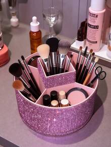 1pc Rhinestone Rotating Makeup Organizer Box, Large Capacity, Multicolor Rhinestone Encrusted Surface, Luxurious Sparkling Style, Hexagonal Pillar Shape, Neat Edges, Cosmetic Tool Container, Suitable For Bedroom Vanity, Dressing Room Desk - Multicolor - View 6