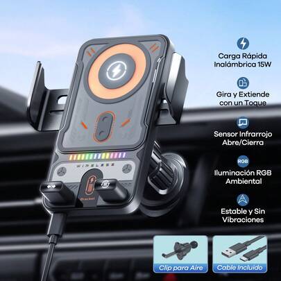 REMAX Soporte de teléfono para coche con carga inalámbrica rápida de 15W, iluminación RGB, apertura/cierre automático, agarre antideslizante, protección contra sobrecalentamiento, puerto Tipo-C, compatible con iPhone y teléfonos Android, soporta fundas de teléfono, rotación de 90°, accesorio universal para automóvil, esencial para el automóvil, cargador Tipo-C, cargador iPhone, accesorios para automóvil