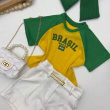 Girls' Outfit Set: Brazil Blouse, Shorts, World Cup Look - Green Blouse With Yellow Sleeves - View 2