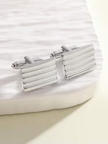 2pcs Geometric Rectangular Striped Cufflinks, Minimalist Business Style Cufflinks For Men - Silver - View 4