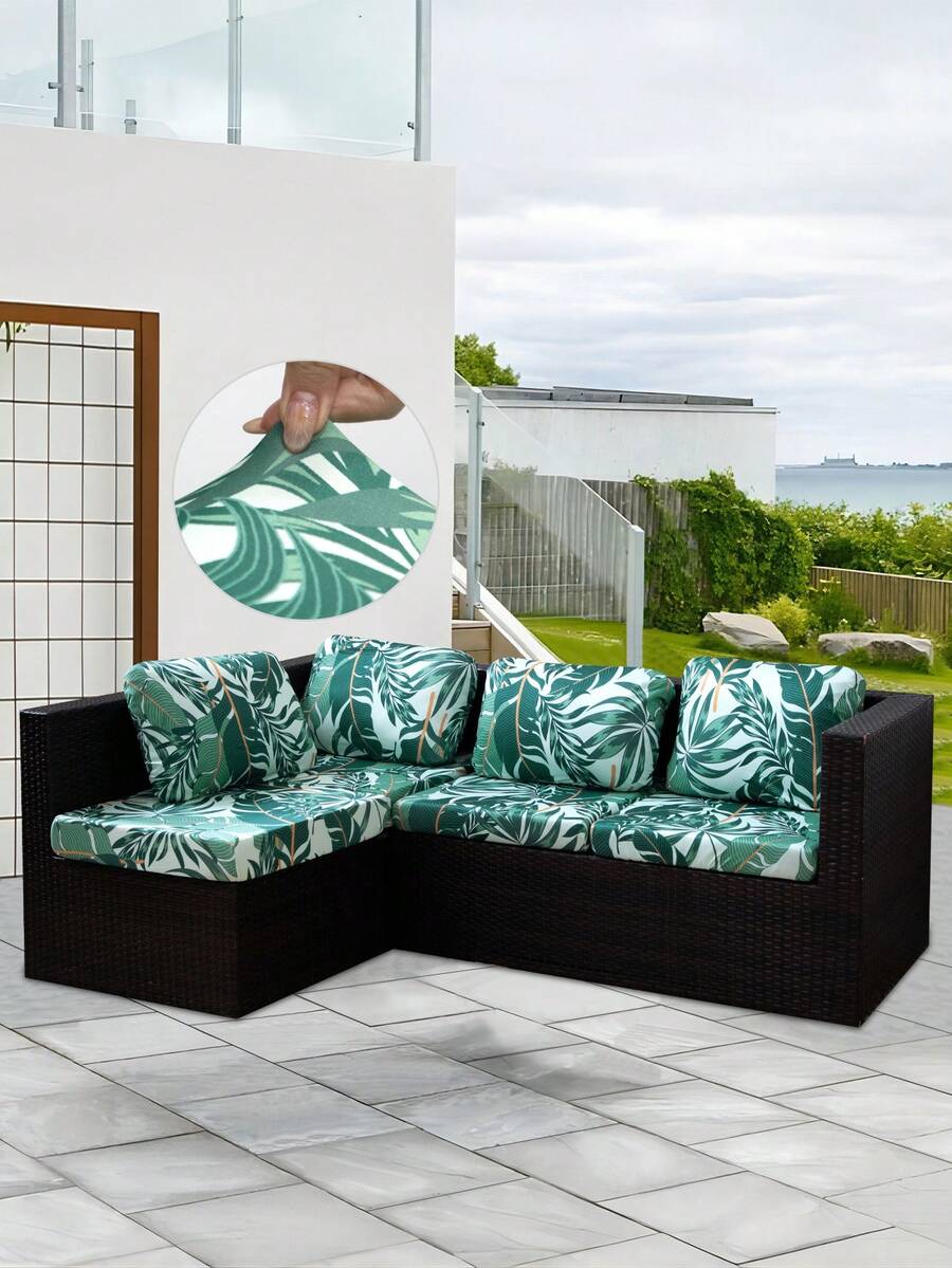 1件装户外树叶印花沙发坐垫套，弹性半包式沙发坐垫套，庭院沙发坐垫套