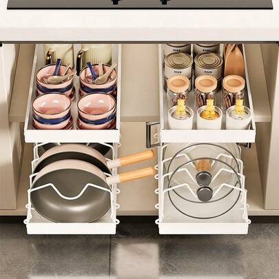 1pc Heavy Duty Pull-Out Pot Lid Organizer Rack - Under Cabinet Storage, 7 Adjustable Steel Racks, Space-Saving Pull-Out Shelf, Compatible With Pots, Pans, Lids - For Kitchen, Dining Room Or Home Use - Easy Install Under Cabinet Organizer, Kitchen Organization, Compact Design, Sturdy Construction, Ideal For Homeowners