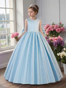 Vestido de daminha de honra elegante, sem mangas, com decote nas costas, costas abertas e detalhes em pérolas sintéticas, ideal para festas de aniversário, casamentos e ocasiões formais. Não inclui tiara. - Baby Azul - Ver 6