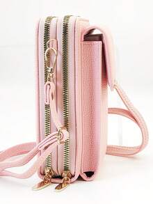 多功能大容量双层拉链手机钱包斜挎包，时尚精致，休闲、度假、约会皆宜 - 淺粉色 - 查看 5