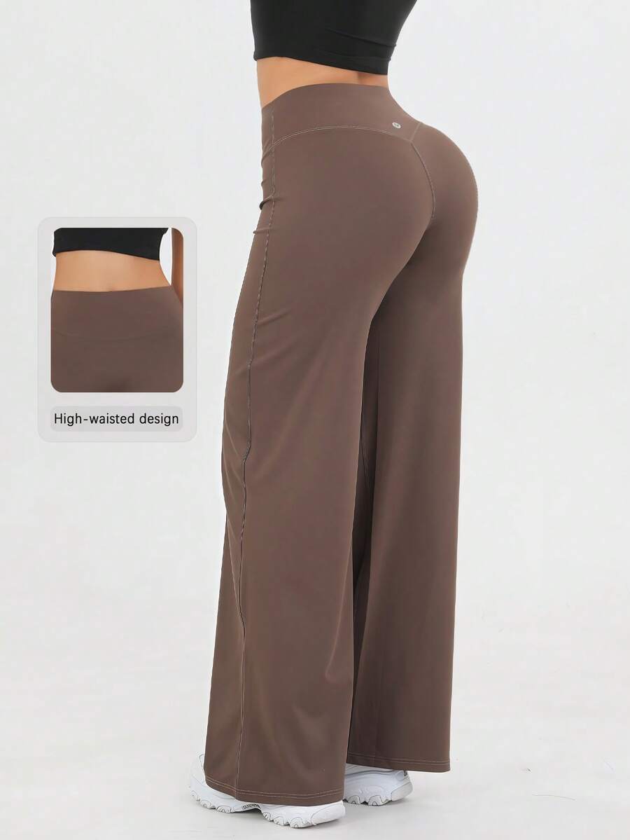 Women's High Waist Solid Color Loose Wide Leg Yoga Pants, Comfortable And Slimming, Suitable For Running, Fitness And Yoga - Cà phê nâu - Xem 1