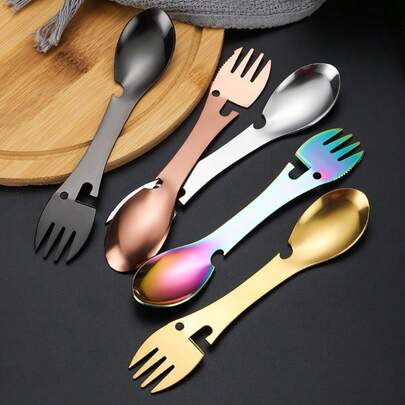 1pc Multi-Function Camping Fork With Stainless Steel Spoon, Bottle Opener And Wrench, Suitable For Outdoor Hiking And Backpacking, Detachable Outdoor Cutlery, Practical Fork And Spoon, Stainless Steel Spoon With Bottle Opener, Fork And Knife Combo, Hiking Camping Utensils, Lightweight And Portable, Durable, Picnic Camping Cookware, Multi-Function Wrench/Bottle Opener To Open Bottles/Screw/Cans, Outdoor Dining And Hiking Essentials