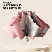 1 pieza Paraguas plegable inverso con estilo de pintura al óleo artística, impermeable y portátil, adecuado para días soleados y lluviosos, diseño de cierre inverso para mantener la ropa seca, adecuado para el transporte en todas las estaciones - Bolso de cinturón rosa - Ver 3
