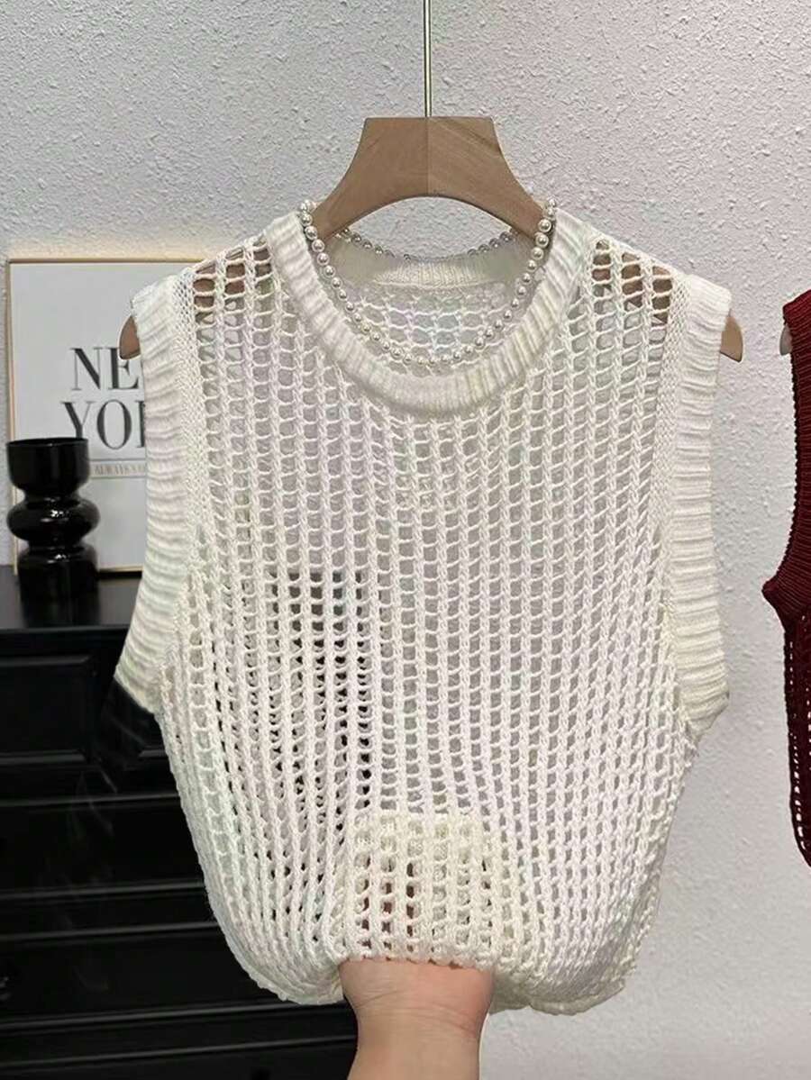 女士春夏时尚：优雅、都市、现代、海滩、度假、休闲、简约白色圆领无袖针织上衣；夏季上衣、夏季套装、女士派对上衣、女士海滩套装、女士外出上衣、优雅派对上衣、女士假日套装、女士休闲上衣、白色上衣 - 白色 - 查看 1