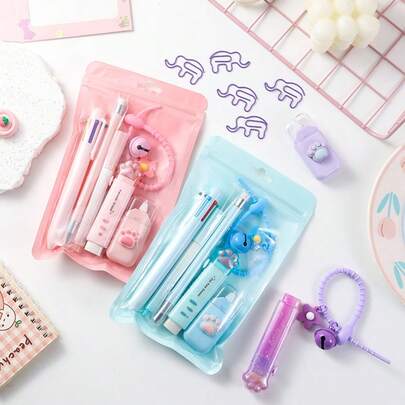 Cute 11 Piece Fluorescent Pen Stationery Set With Highlighters Paper Clips Erasers 6 In 1 Ballpoint Pens Comprehensive And Practical School Supplies Ideal Gift For Students Perfect Stationery Set