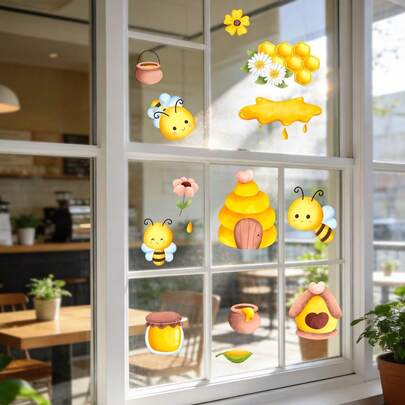 1/2片蜜蜂和瓢虫窗贴，可重复使用的PVC静电吸附，以蜂蜜罐、花朵和蛋糕设计为特色，适用于厨房、客厅、面包店和家居装饰。