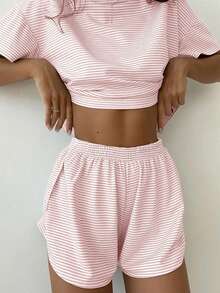 2pcs Summer  Stripes  Womens Pajama Sets 2 Piece Soft Short Sleeve Top And Shorts Sleepwear Round Neck Pjs Lounge Casual Loose Short Sleeves Tops Side Slits Shorts Home Clothes Set Suitable For Home Use, Striped Pjs Loungewear Sleepwear - 粉色 - 查看 2