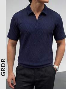 GRDR 男士时尚休闲半拉链 Polo 领简约时尚短袖 T 恤 - 藏蓝色 - 查看 2