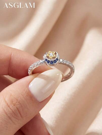 1 Peça Anel de Zircônia Exquisito com Estrela e Lua, Anel Simples Básico de Prata 925, Presente de Joias Elegante para Mulheres, Adequado para Aniversário, Baile de Formatura e Outras Ocasiões